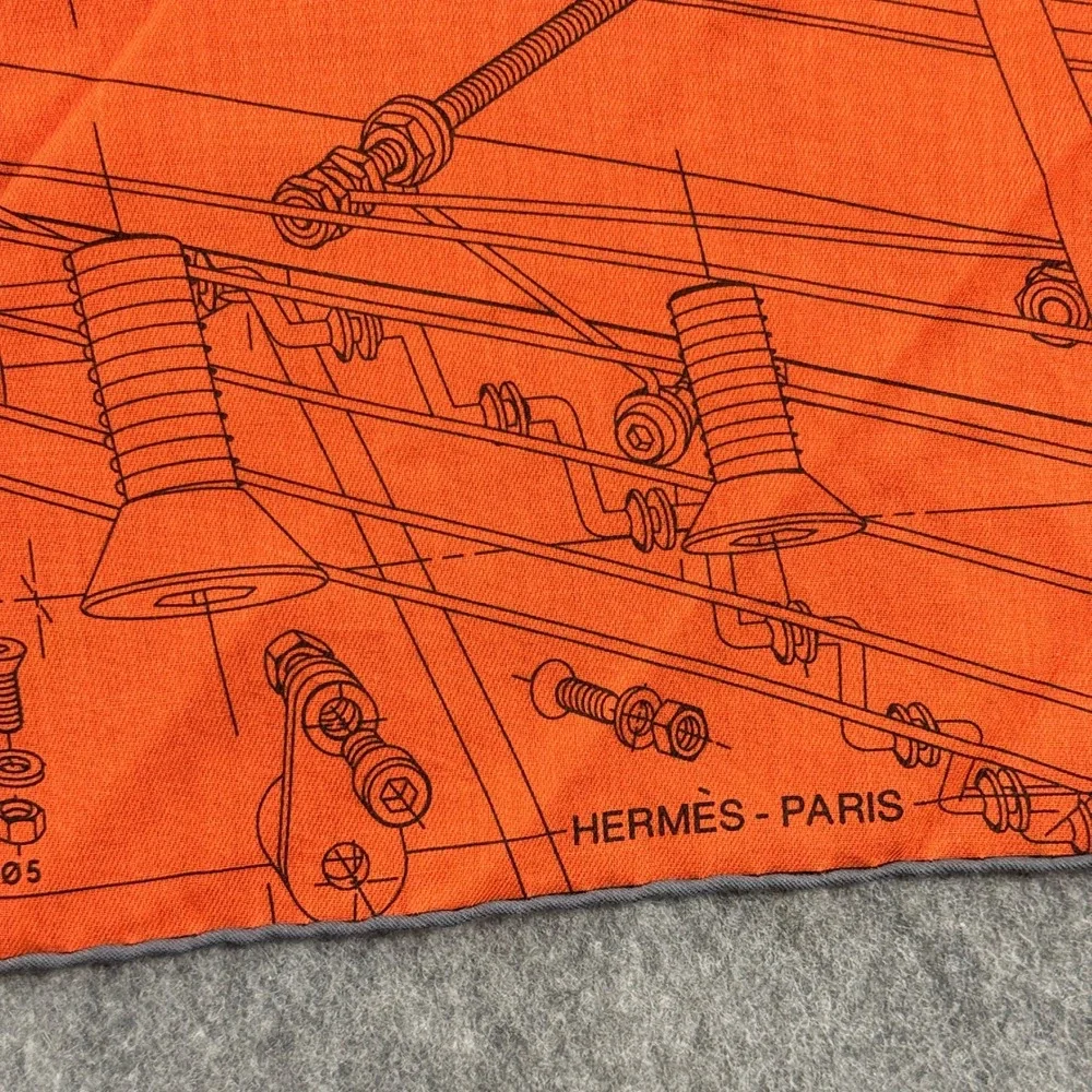 Hermes Carre H 65 Reve de Mecanique Elementaire Orange Cotton Scarf 2019 Box